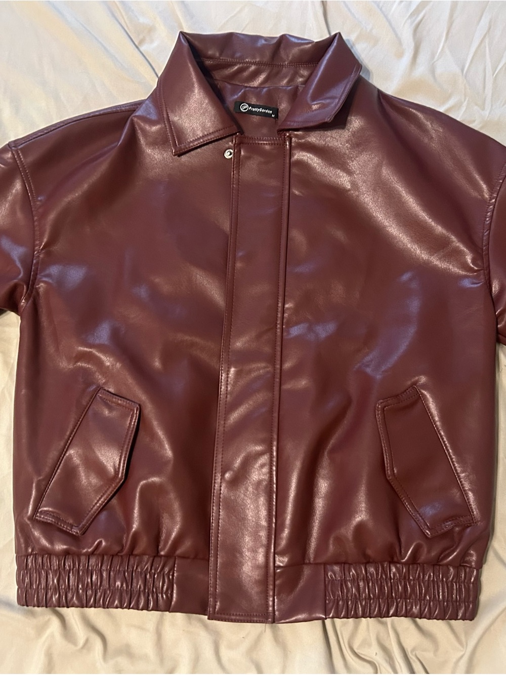 Women's Faux Leather Bomber Jacket - Deep Berry